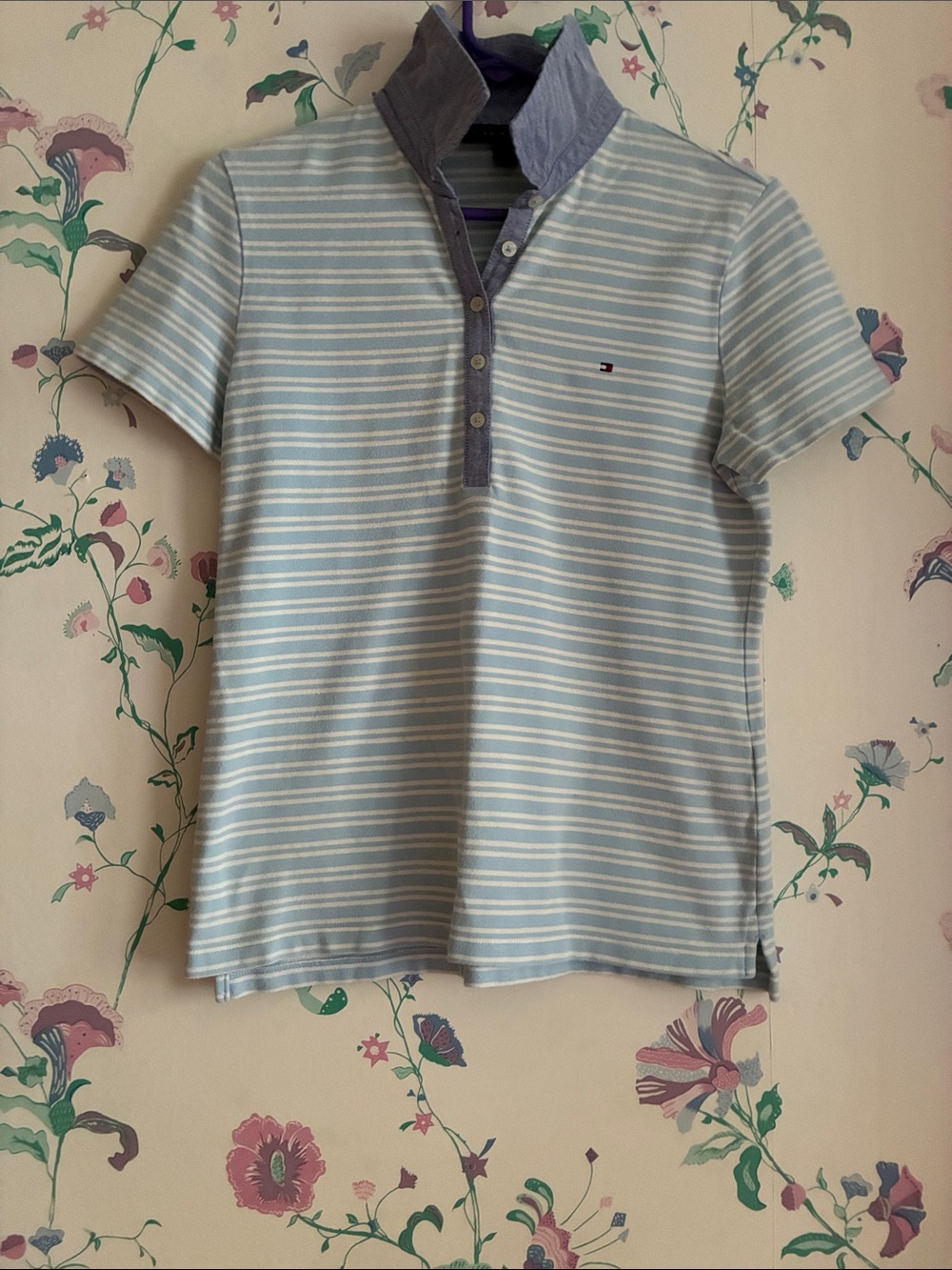 Tommy Hilfiger Light Blue and White Striped Polo with Navy Placket